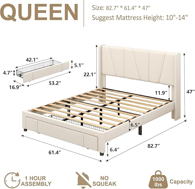 Queen Bed Frame with Storage Drawers, Upholstered Platform Bed with Headboard - Image 2