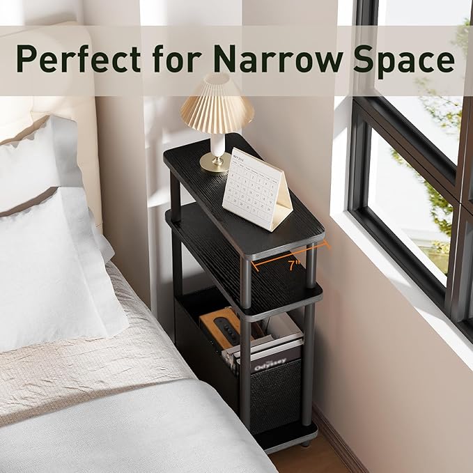 Narrow Side Table with Fabric Basket, 3 Tier Skinny End Table with Wood Legs - Image 7