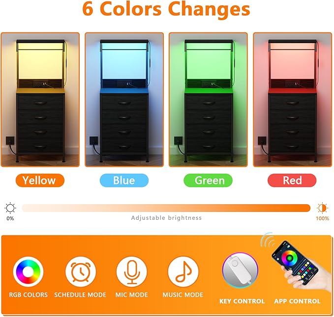 Furnulem Tall Nightstand with Charging Station, Night Stands with LED Lights - Image 5