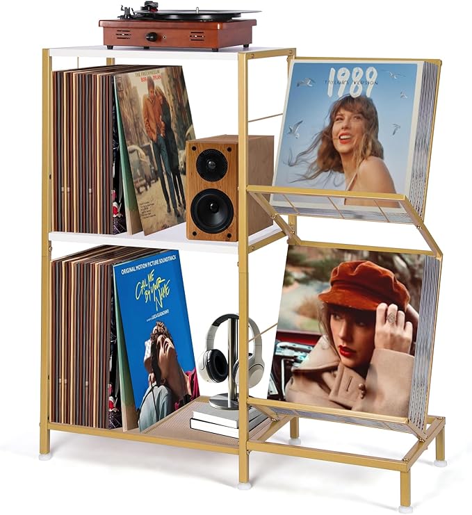 Record Player Stand with Vinyl Record Storage, Turntable Stand with 2-Tier by HYCFYJR