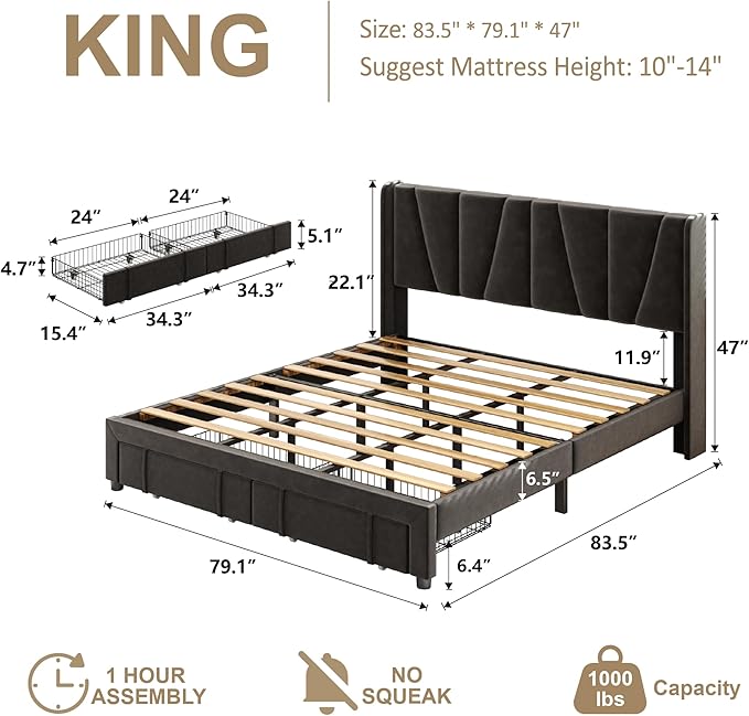 King Bed Frame with Storage Drawers, Upholstered Platform Bed with Headboard - Image 2