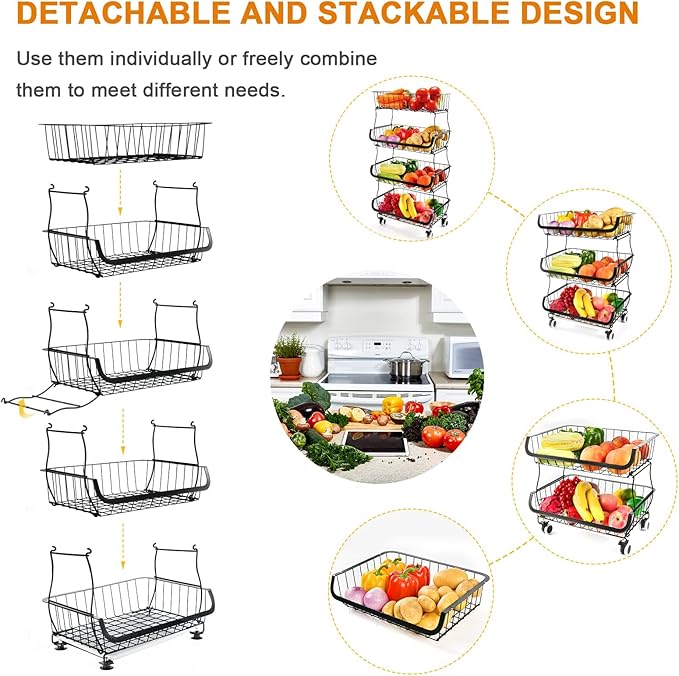 Fruit Vegetable Storage Basket, 5 Tier Stackable Metal Wire Storage Baskets - Image 4