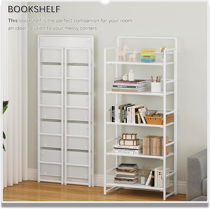 4NM No-Assembly 5 Tiers Folding Bookshelf Storage Shelves Vintage Bookcase - Image 3