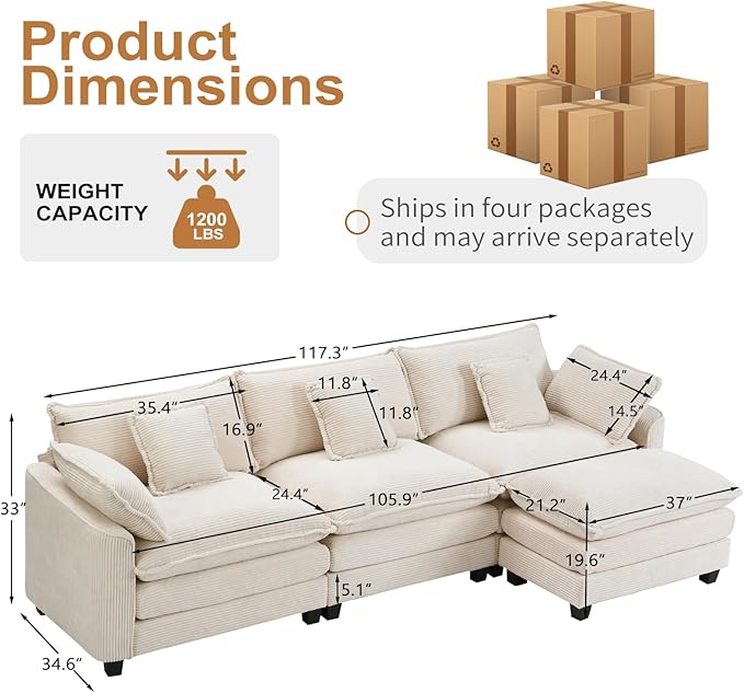 Furniliving 117‘’ L-Shaped Sofa, Luxury Corduroy Modular Sectional Couches - Image 2