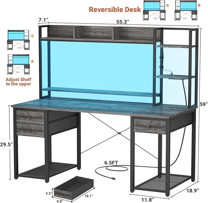 Aheaplus Gaming Desk With LED, and Hutch - Image 2