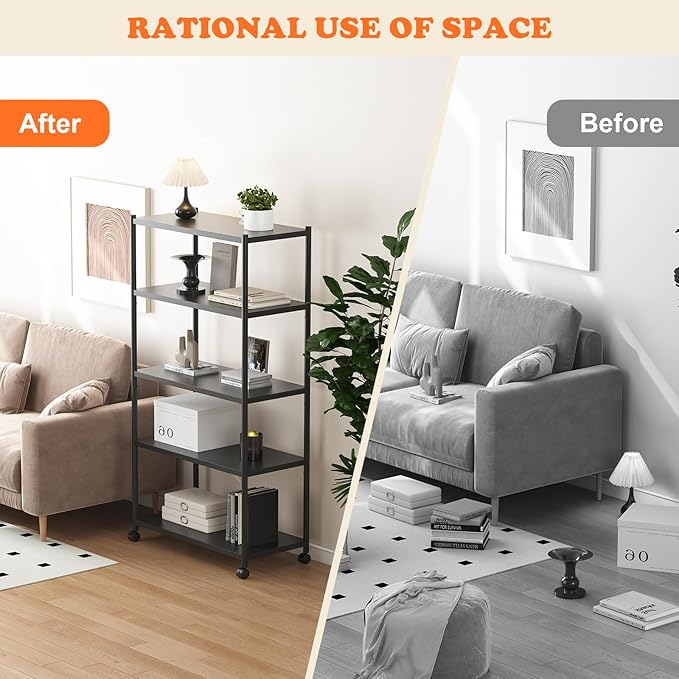 ZZL 5 Tier Large Bookshelf 31.49" Width, Tall Book Shelf Storage and - Image 5