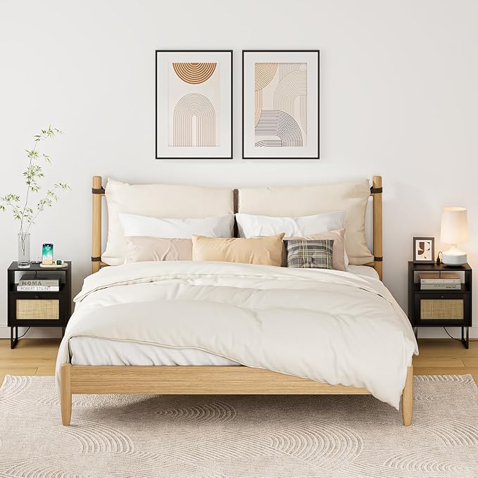 Rattan Nightstand with Charging Station, Boho Night Stand Farmhouse Wood - Image 7