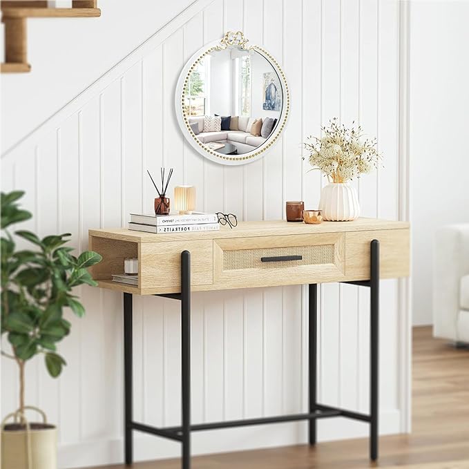 Vintage Round Wall Mirror 11.8inch Small Farmhouse Wooden Vanity Mirror - Image 6
