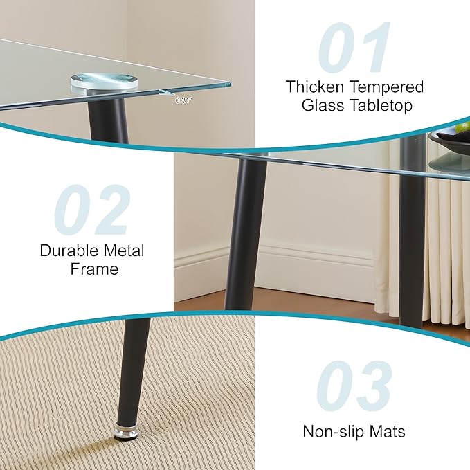 Dining Table for 6 Kitchen Table 47.2" Rectangular Modern Glass Dining Table - Image 5