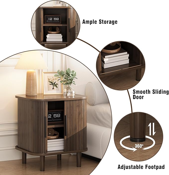 Fluted End Table with Sliding Tambour Door, Mid-Century Modern Bedside Table - Image 3