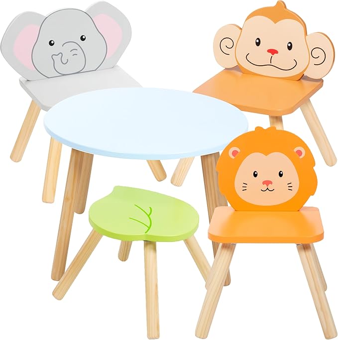 Kids Wooden Animal Table & Chair Set w 4 Seats- Monkey Lion & Elephant Plus by Svan