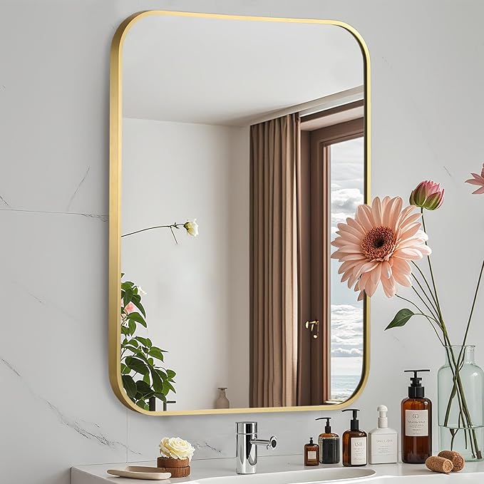 Gold Bathroom Mirror, 24x36 Inch Aluminum Frame Rectangle Mirror, Tempered Glass by CLBA