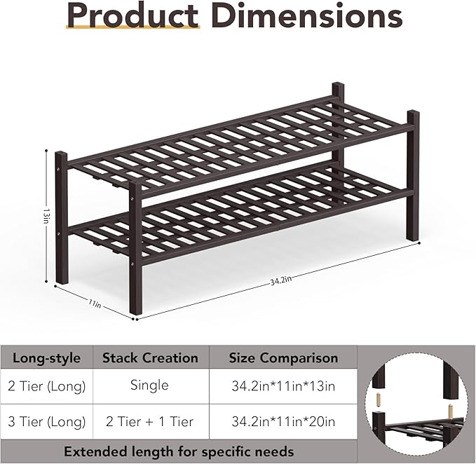 Haddockway Long 2 Tier Bamboo Shoe Rack Storage Organizer, Small Space - Image 3