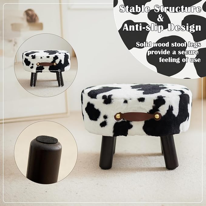 Small Footstool with Handle, Faux Fur Ottoman Foot Rest with Padded Seat - Image 4