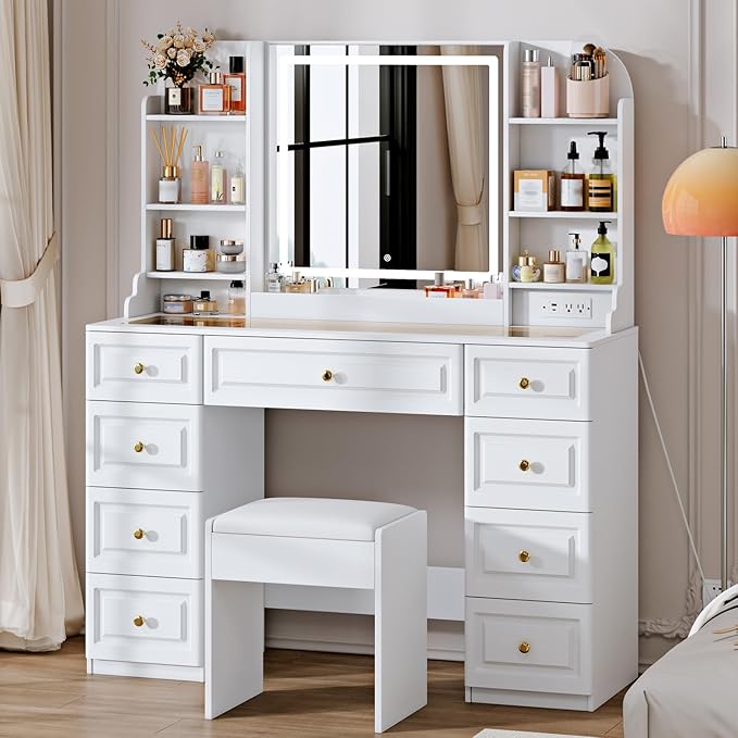 42" Makeup Vanity Desk with Mirror and Lights, & Power Outl, Glass Top Big by Arulvmrn