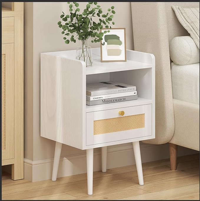 Nightstand Rattan with Charging Station, Mid Century Modern Bed Side Table - Image 2