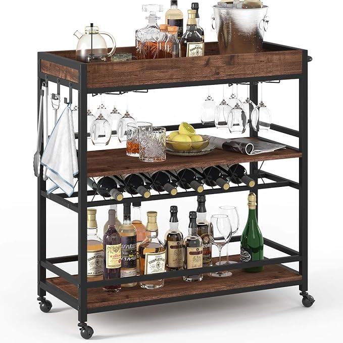 BON AUGURE Bar Cart for The Home, Rolling Home Bar Serving Cart on Wheels by BONAUGURE