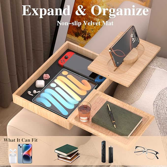Bamboo Couch Arm Table with 2 Rotating Lids & Adjustable Phone Holder, Foldable - Image 3