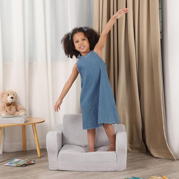 Comfy Toddler Chair, 2-in-1 Toddler Couch Fold Out, Convertible Sherpa Sofa to - Image 2