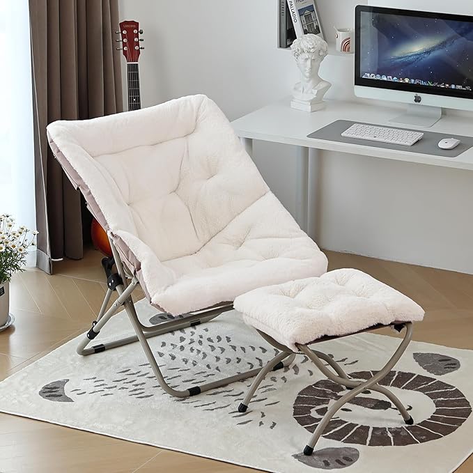 Comfy Folded Chair with Ottoman, Oversized Folding Faux Fur Chair Soft Furry - Image 2