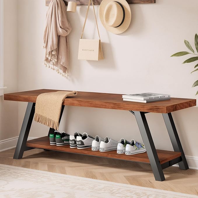 IBF Natural Real Wood Entryway Bench, Solid Wood Storage Bench, Industrial by IBF