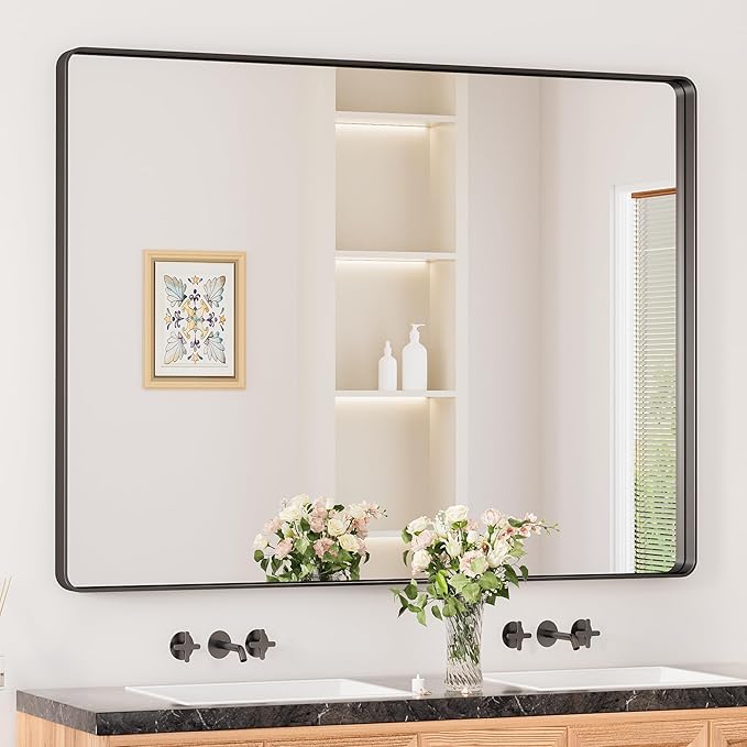 Keonjinn Black Framed Mirrors for Bathroom 48” x 40” Large Rounded Rectangle by Keonjinn