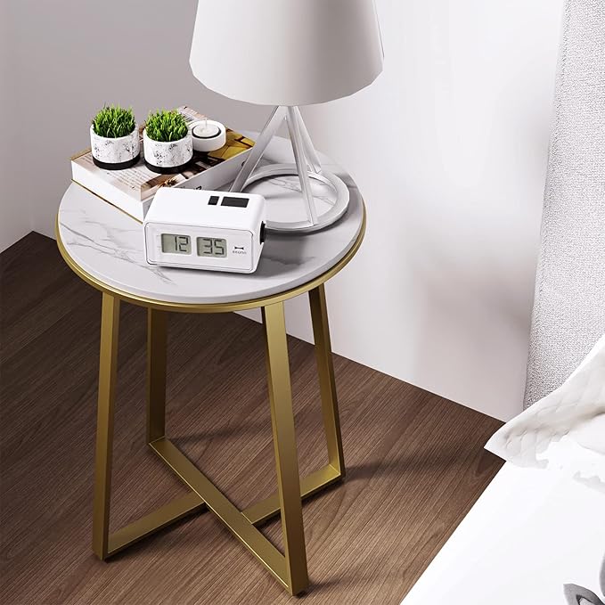 Round End Tables, Small Side Table White Marble Texture MDF Top, Metal Frame - Image 4