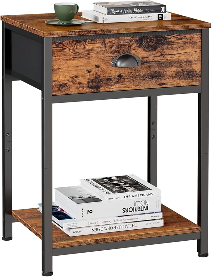 Furologee End Table with Storage Shelf and Fabric Drawer, 2 Tiers Industrial by Furologee