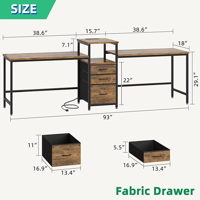 93'' Two Person Desk with Charging Station, Long Desk with 3 Fabric Drawers and - Image 2