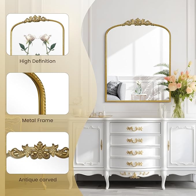 WallBeyond Gold Vintage Mirror for Vanity 28x36 Inch, Arched Vintage Wall - Image 7