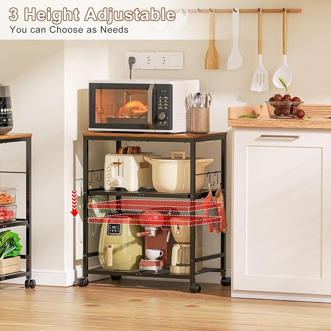 Microwave Cart with Adjustable Drawer Slider Shelves, 3 Tier Rolling Kitchen - Image 3