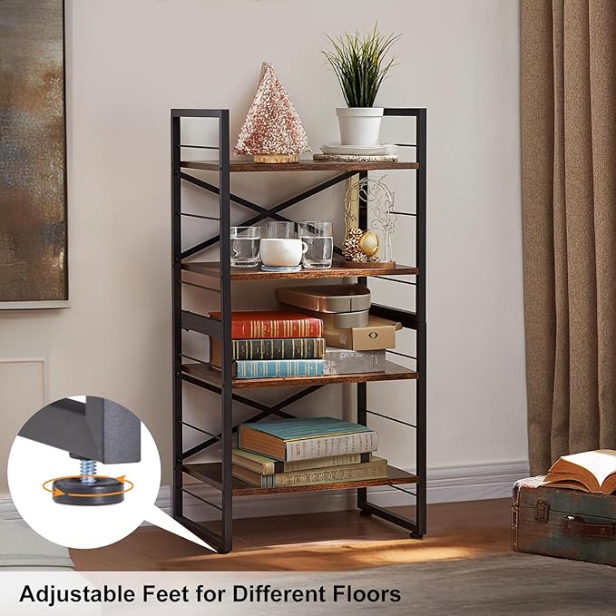 4 Shelf Bookshelf, Metal＆Wood Short Book Shelf, Small Bookcase - Image 4