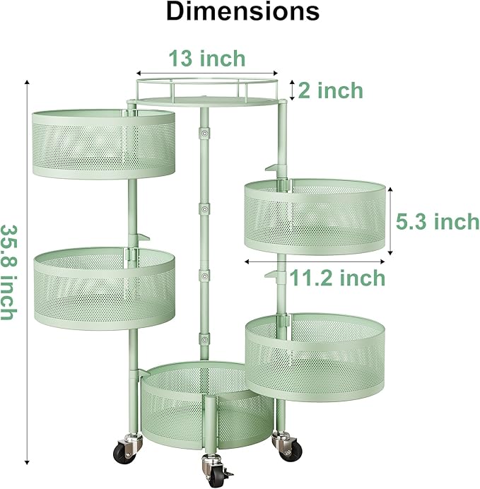 SAYZH Fruit Vegetable Basket for Kitchen, Rotating Storage Rack, 5 Tier Rolling - Image 2