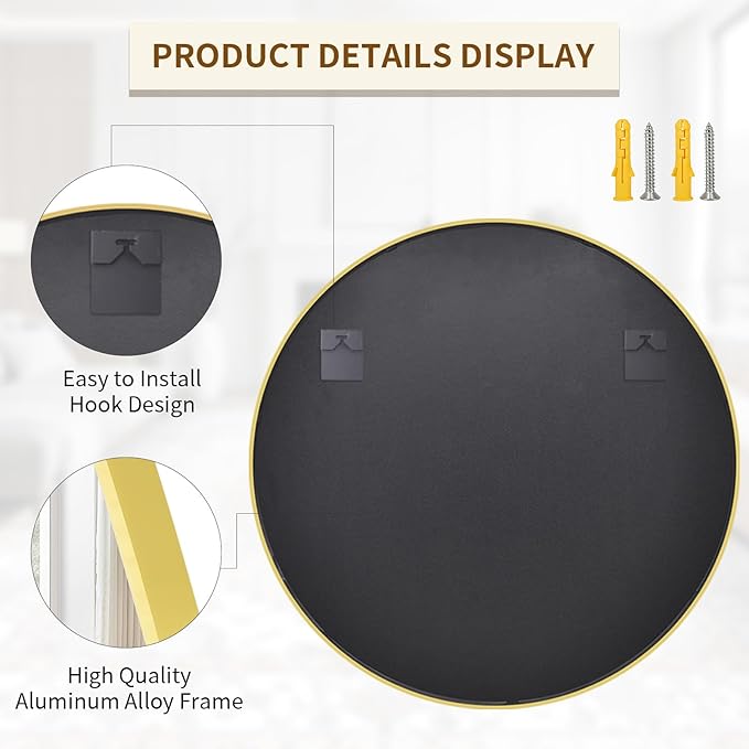 BEAUTYPEAK 48 Inch Round Mirror, Metal Frame Circle Mirror, Wall Mounted - Image 6