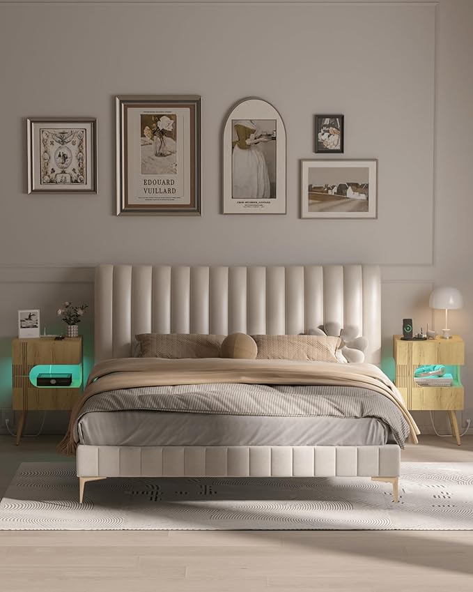 Nightstand with Charging Station and LED Lights, Modern Bedside Table with 2 - Image 7