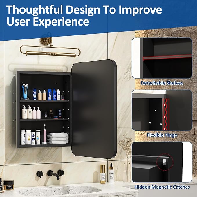16x24 Inch Black Mirror Medicine Cabinet Metal Framed Recessed Wall Mounted - Image 5