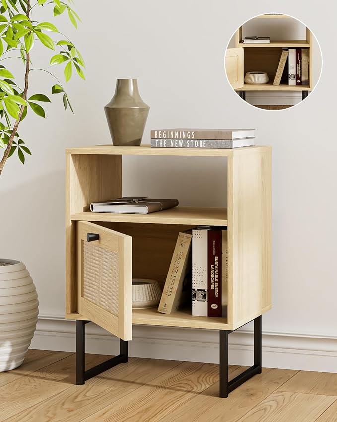 Rattan Nightstand, Boho Night Stand Farmhouse Wood Bedside Table - Image 5
