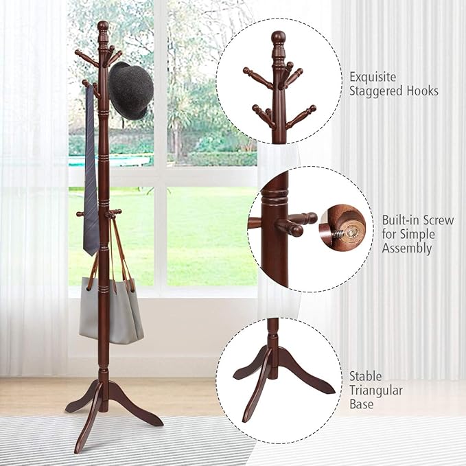 Tangkula Wood Coat Rack Freestanding, Entryway Height Adjustable Coat Stand - Image 8