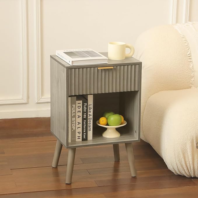 Grey Wood Nightstand with Charging Station, Modern Bedside Table with Fluted - Image 7