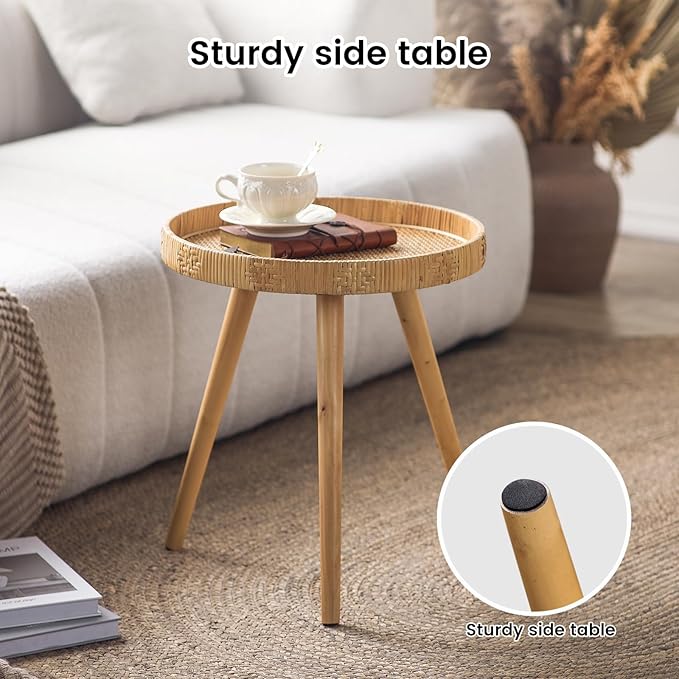 Round Rattan Side Table for Small Spaces, Boho Circle End Table Coffee Table - Image 6