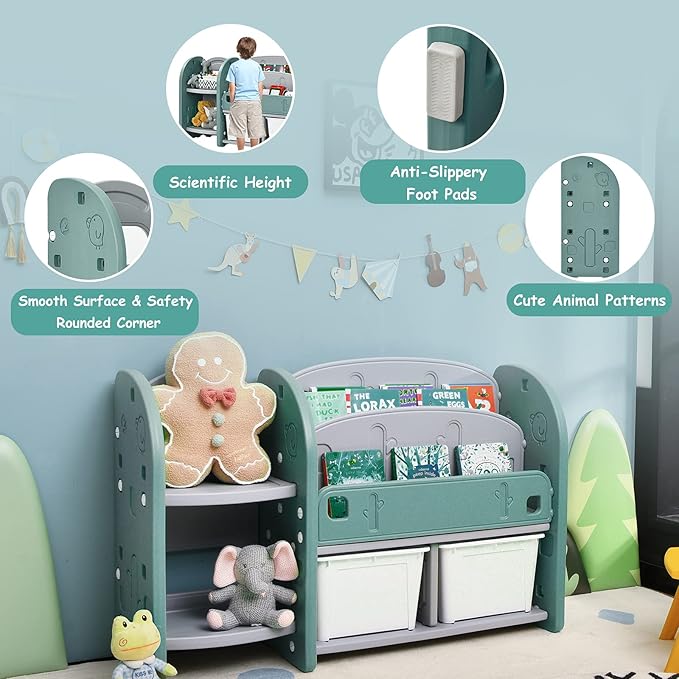 Costzon Kids Toy Storage Organizer, Toddler Bookshelf Cabinet w/ 2-Tier - Image 4