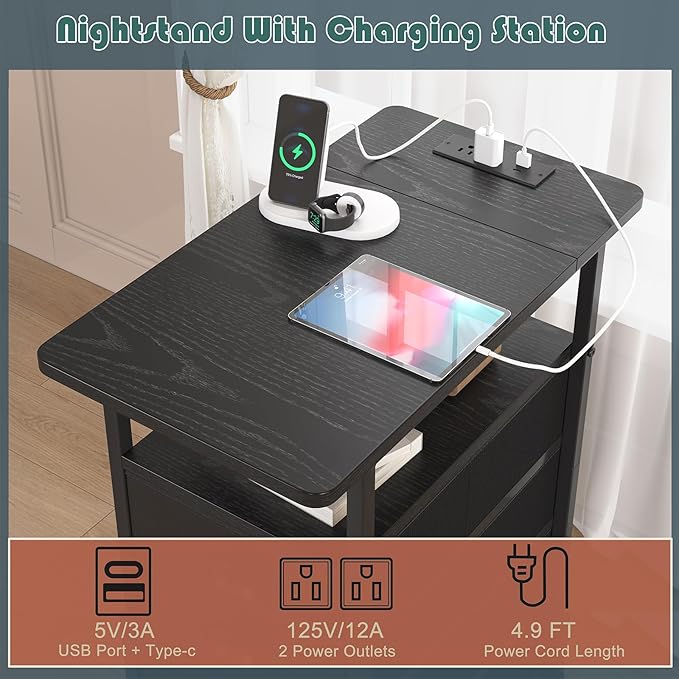End Table with Charging Station, LED Side Tables with USB Ports and Outlets - Image 4