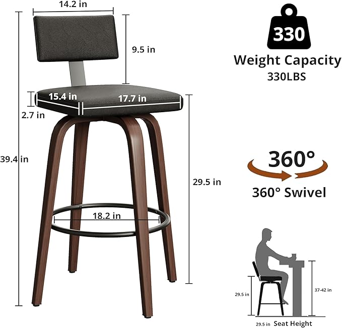 IRONCK Counter Height Bar Stools Set of 2, Wood Texture Bent Legs, Mid-Century - Image 2