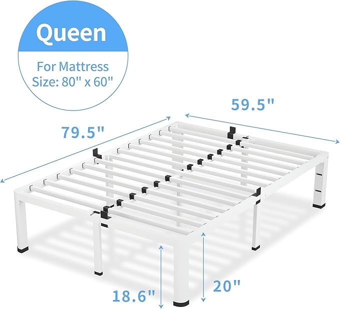 18 Inch Queen Size White Bed Frame, 3500Lbs Heavy Duty Metal Platform - Image 3
