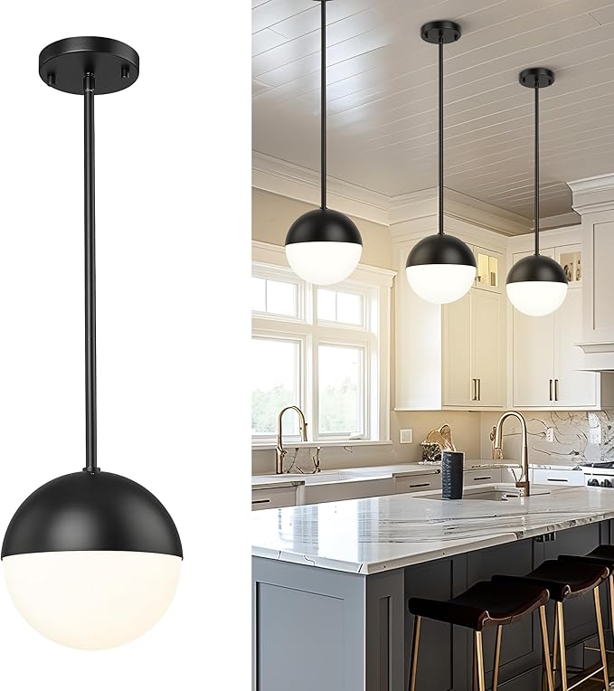 LMS 8-inch Black Pendant Lights Kitchen Island, Modern Globe Pendant Light by LMS