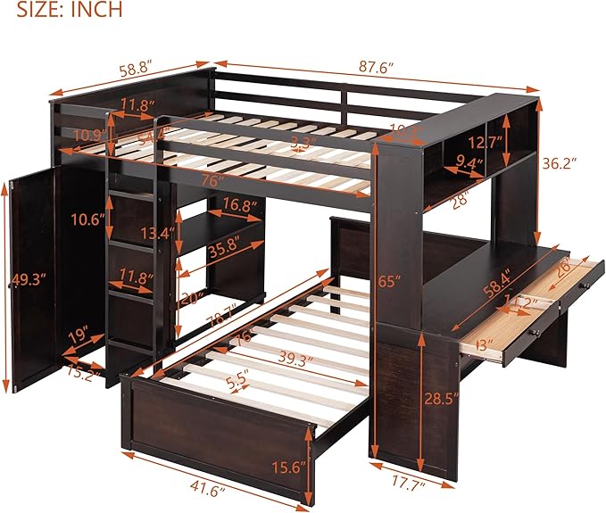 Full Size Loft Bed with Wardrobe Desk and Shelves, Solid Wood Bunk Stand-Alone - Image 2