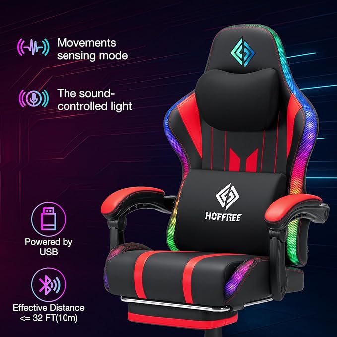 HOFFREE Gaming Chair with Music Rhythm RGB LED Lights and Bluetooth Speakers - Image 5