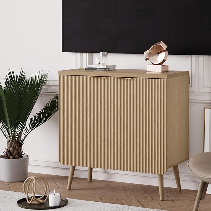 Buffet Cabinet with Storage, Wood Fluted Multifunctional Storage Cabinet with 2 - Image 3