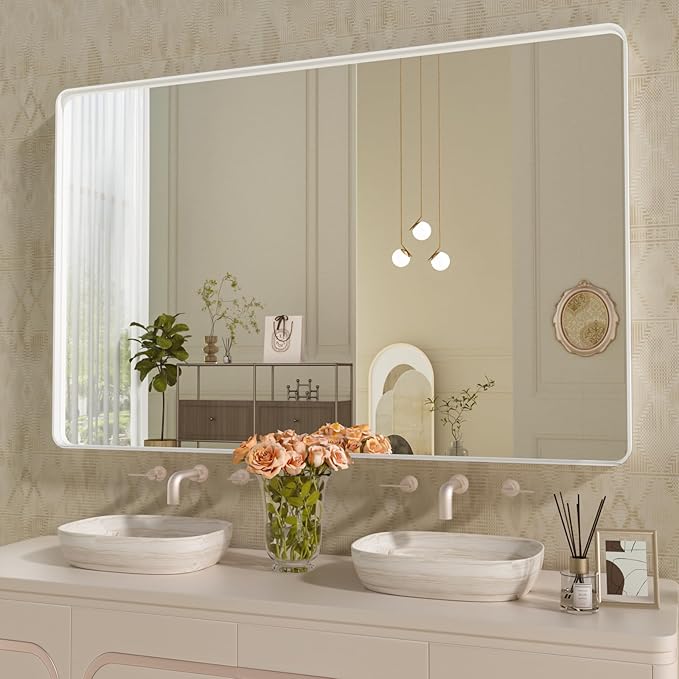 WEER White Bathroom Mirror 55X36 Inch, Rounded Rectangle White Metal Frame by WEER