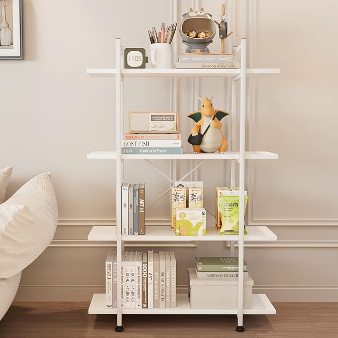 Bookshelf 4 Tiers White Wooden Storage Shelf, Modern Open Display Storage by EternalHome